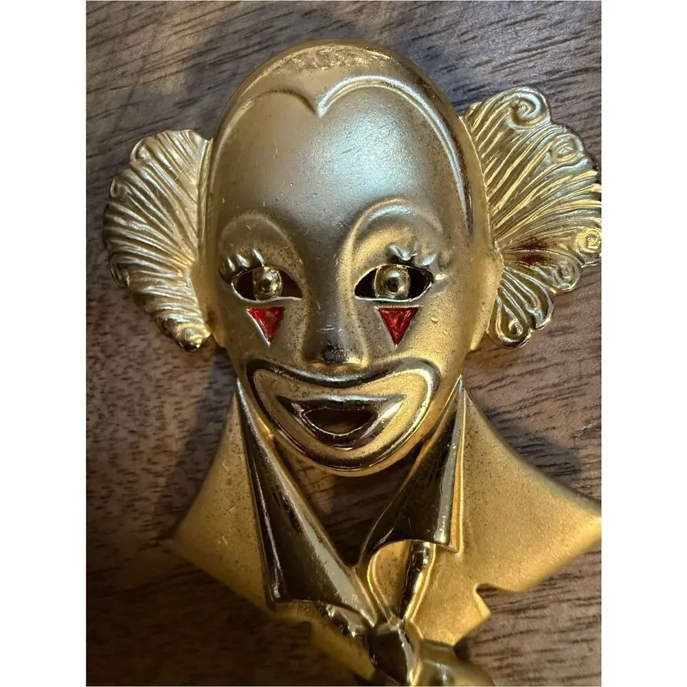 Vintage Gold Clown Face Brooch Statement Women Jewelry Art Unique Pin